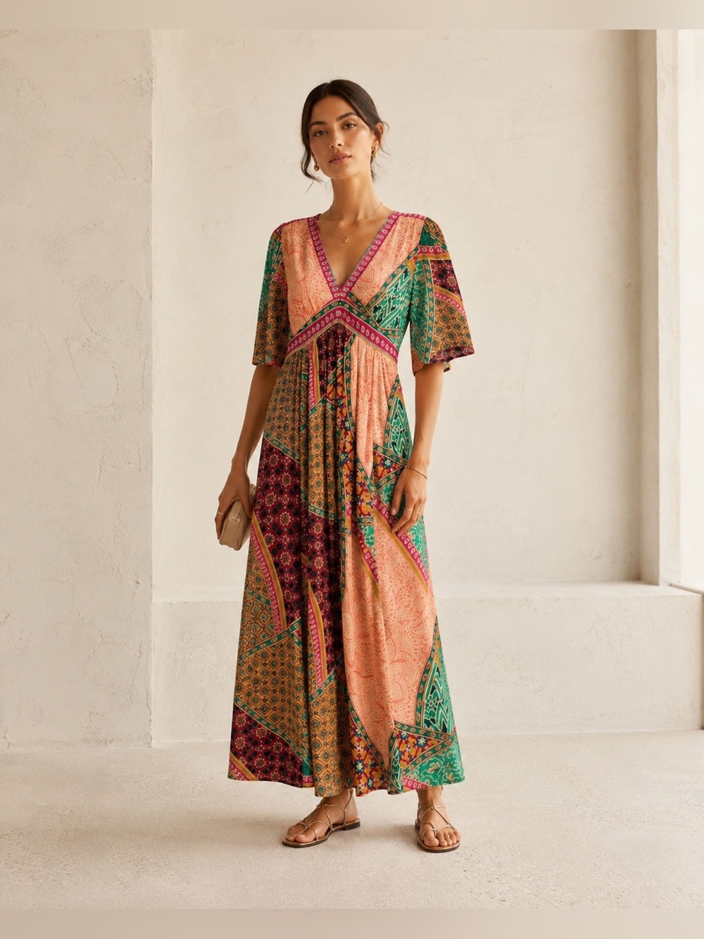 ba&sh Fanta Multicolour Patchwork Print V-Neck Boho Maxi Dress Size S